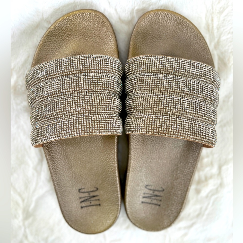 INC Womens Peymin Rhinestone Embellished Slip On Pool Slides Gold
